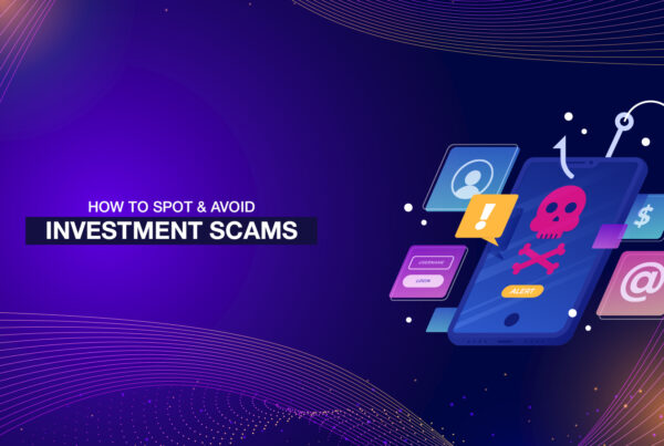 How to spot and avoid investment scams blog thumbnail with danger sign on phone, profile icon, login sign, dollar sign, and at symbol