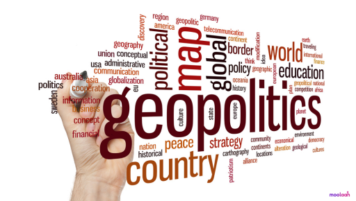 Word cloud centered on ‘geopolitics’ with terms like ‘country,’ ‘strategy,’ ‘world,’ and ‘financial,’ illustrating the impact of geopolitical conditions on global financial dynamics.