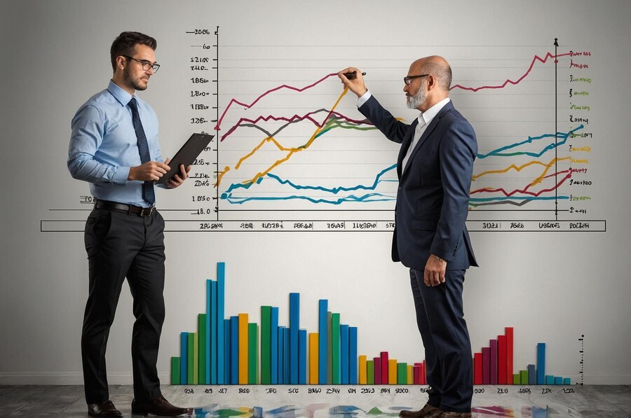 Professor explaining to a person about value & growth stocks & its difference