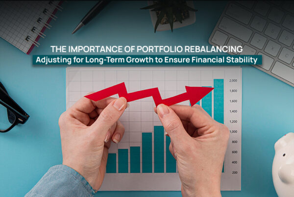 Hands holding a red arrow representing a fluctuating financial graph, with a bar chart in the background and text highlighting the importance of portfolio rebalancing.