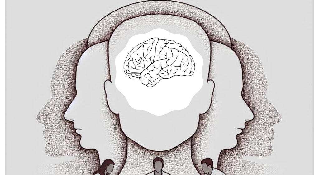 Abstract illustration of a human brain within a head, surrounded by multiple faces, symbolizing different emotional biases.