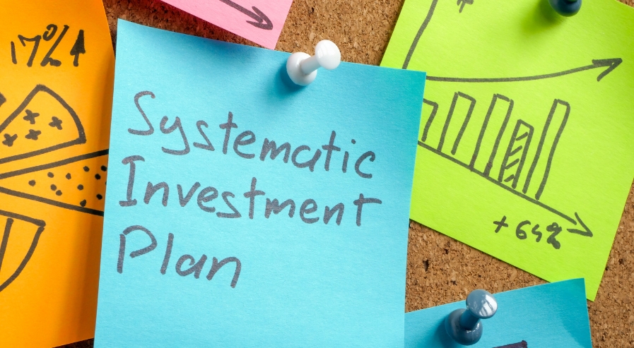 Sticky notes on a corkboard with 'Systematic Investment Plan' in the center, surrounded by charts and graphs.