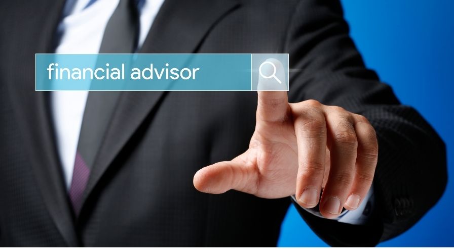 Person in a suit pointing at a virtual search bar with the text 'financial advisor,' highlighting the importance of choosing a financial advisor.