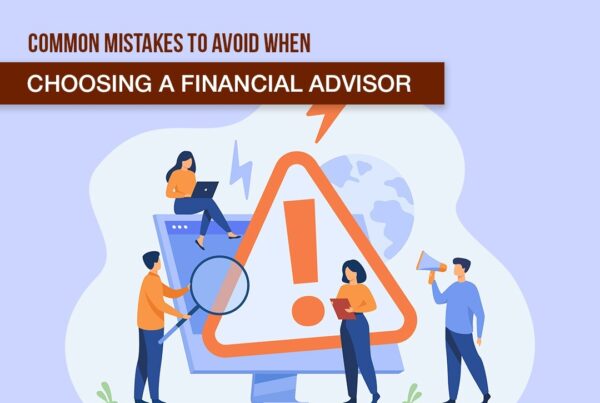 Four individuals with a warning sign in the center, with text 'common mistakes to avoid when choosing a financial advisor.