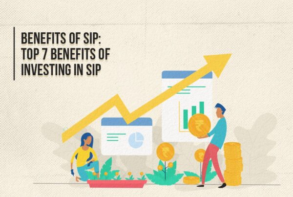 Upward trending arrow with characters holding coins and tending to plants, with 'the benefits of investing in SIP' written on the left.