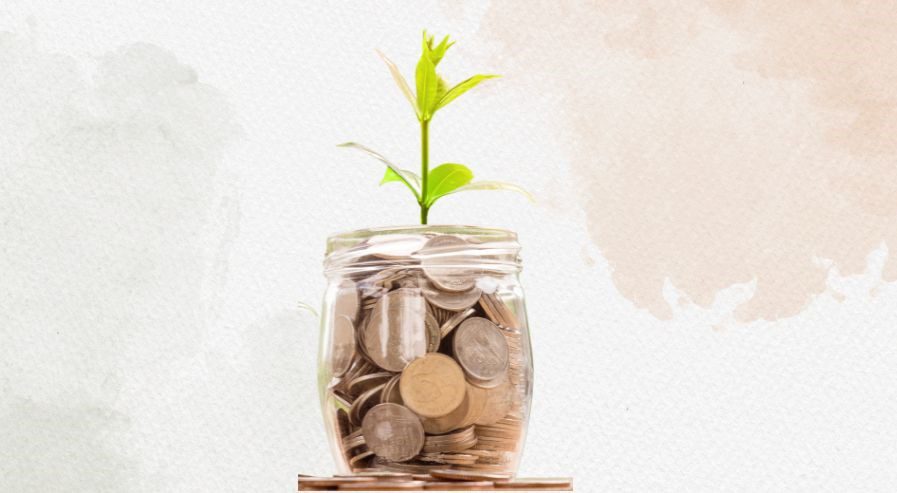 Glass jar filled with coins and a small plant growing from the top, symbolizing the growth of investment through a Lump-Sum Investment